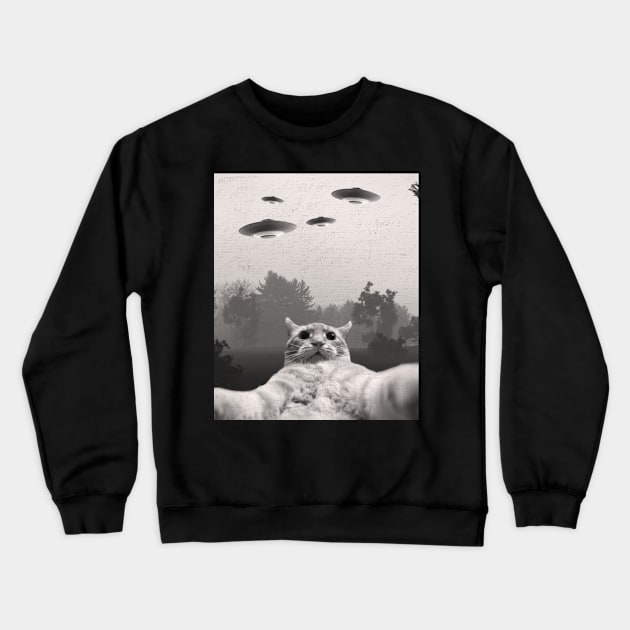 Funny Cat Selfie with UFOs Crewneck Sweatshirt by larfly